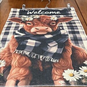 Garden flag highland cow and daisey 12 by 18 inches double sided made of burlap